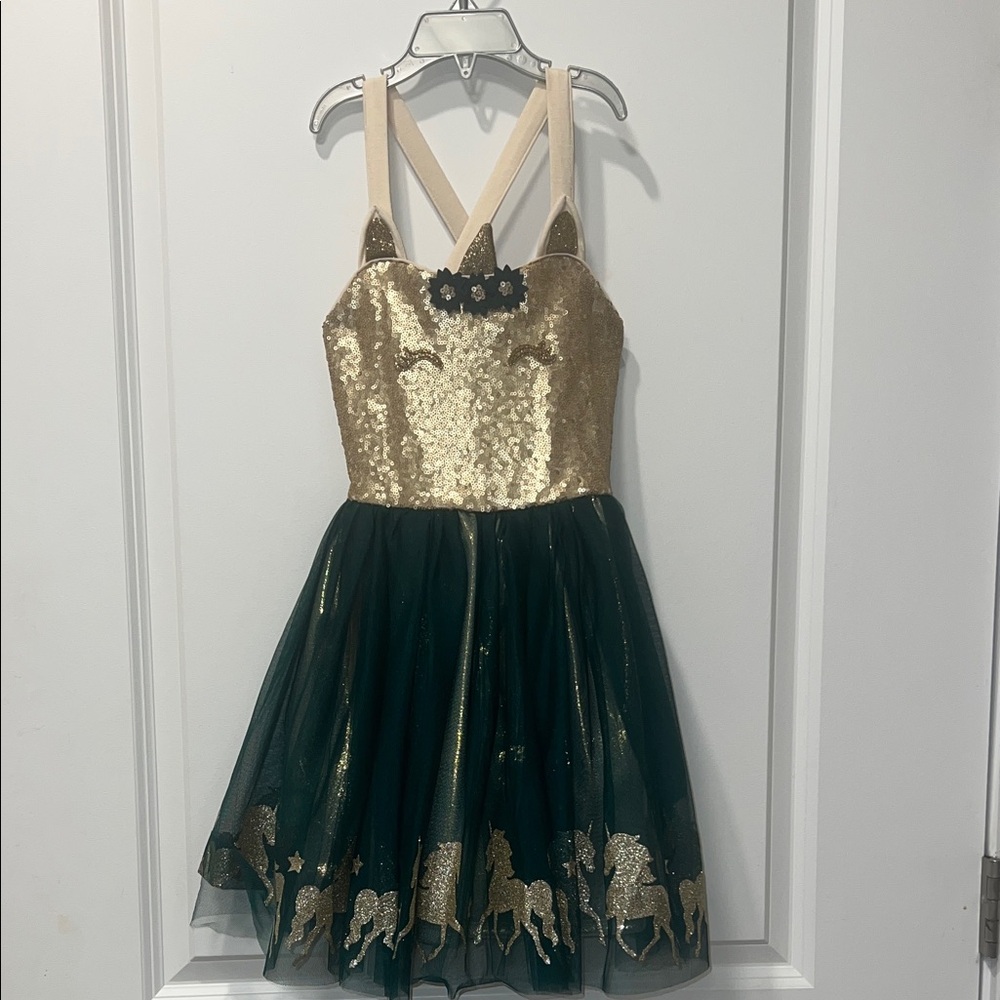 Gold Sequin Dress with dk.green and gold Tulle Skirt